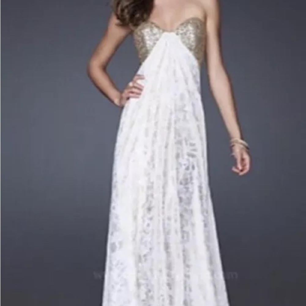 La Femme White Embellished Strapless Gown